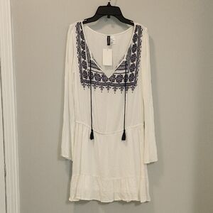 H&M Divided White Navy Boho Tassel Mini Dress Long Sleeve Size 4 Festival